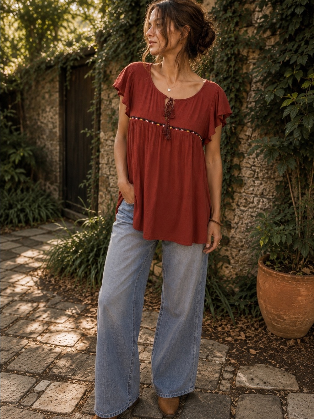 Old Navy Rust Boho Flutter Sleeve Peasant Top Large